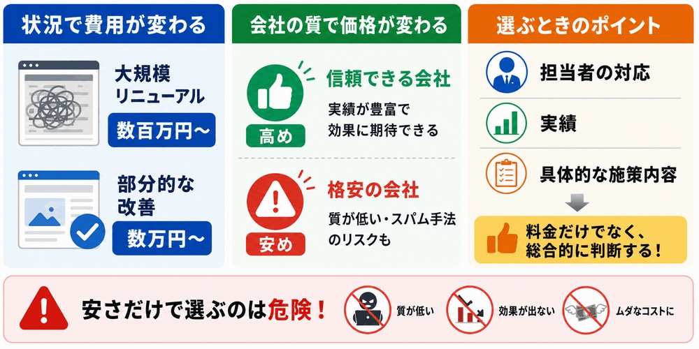 SEO対策の状況依頼内容目標業者による施策や費用の違い