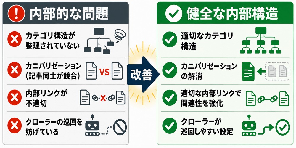 内部問題と健全な内部構造を比較
