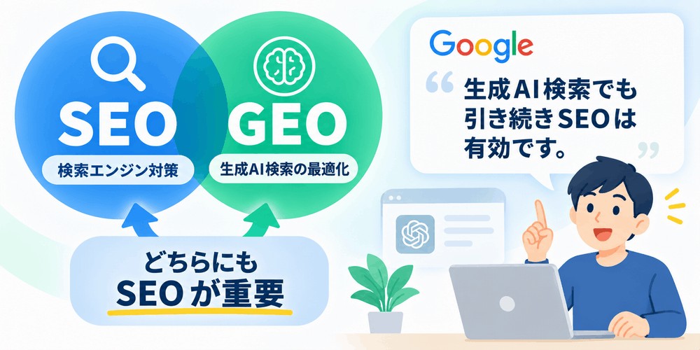 SEOと生成AI検索の最適化について解説する男性