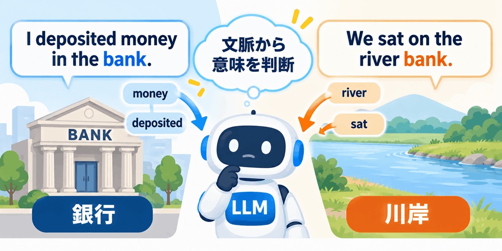 銀行と川辺で「bank」の意味を考えるLLM