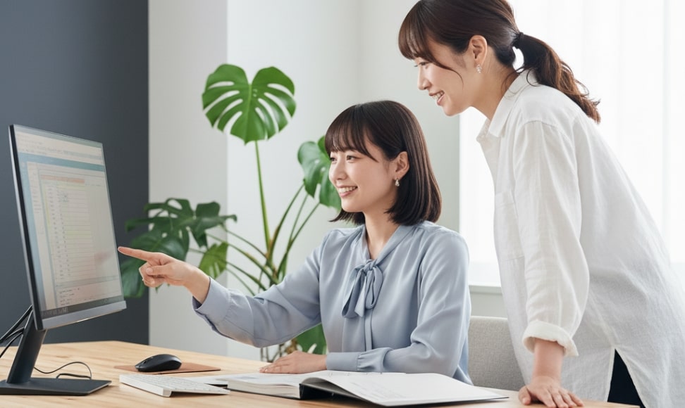 パソコンを指さす女性