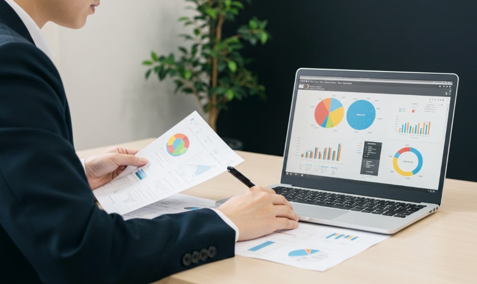 パソコンで調査する様子